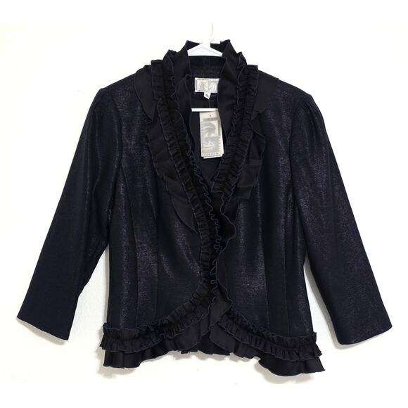 Alberto Makali Glittery Iridescent Ruffled Long Sleeve Blazer Jacket Blue 12 NEW - Picture 1 of 13